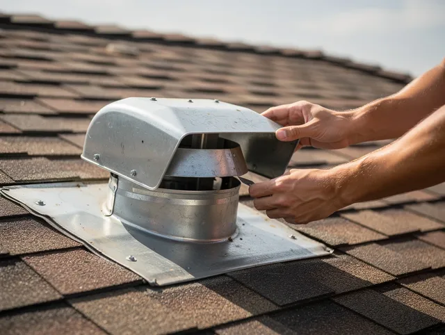 Garfield Heights Dryer Vent Cleaning certified technician safely cleaning a roof-mounted dryer vent in Garfield Heights