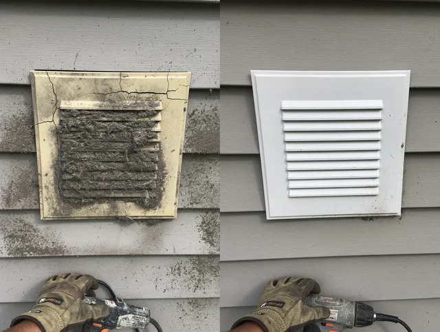 Garfield Heights Dryer Vent Cleaning technician installing high-quality dryer vent cover at a residential property in Garfield Heights